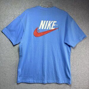 Nike Tee Men's Medium Embroidered Logo Blue Red Swoosh Jumbo Logo Shirt Loose